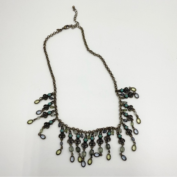 Avon Bohemian Antiqued Brass Turquoise Enamel Dangle Blue Green Bib Necklace - Picture 4 of 8